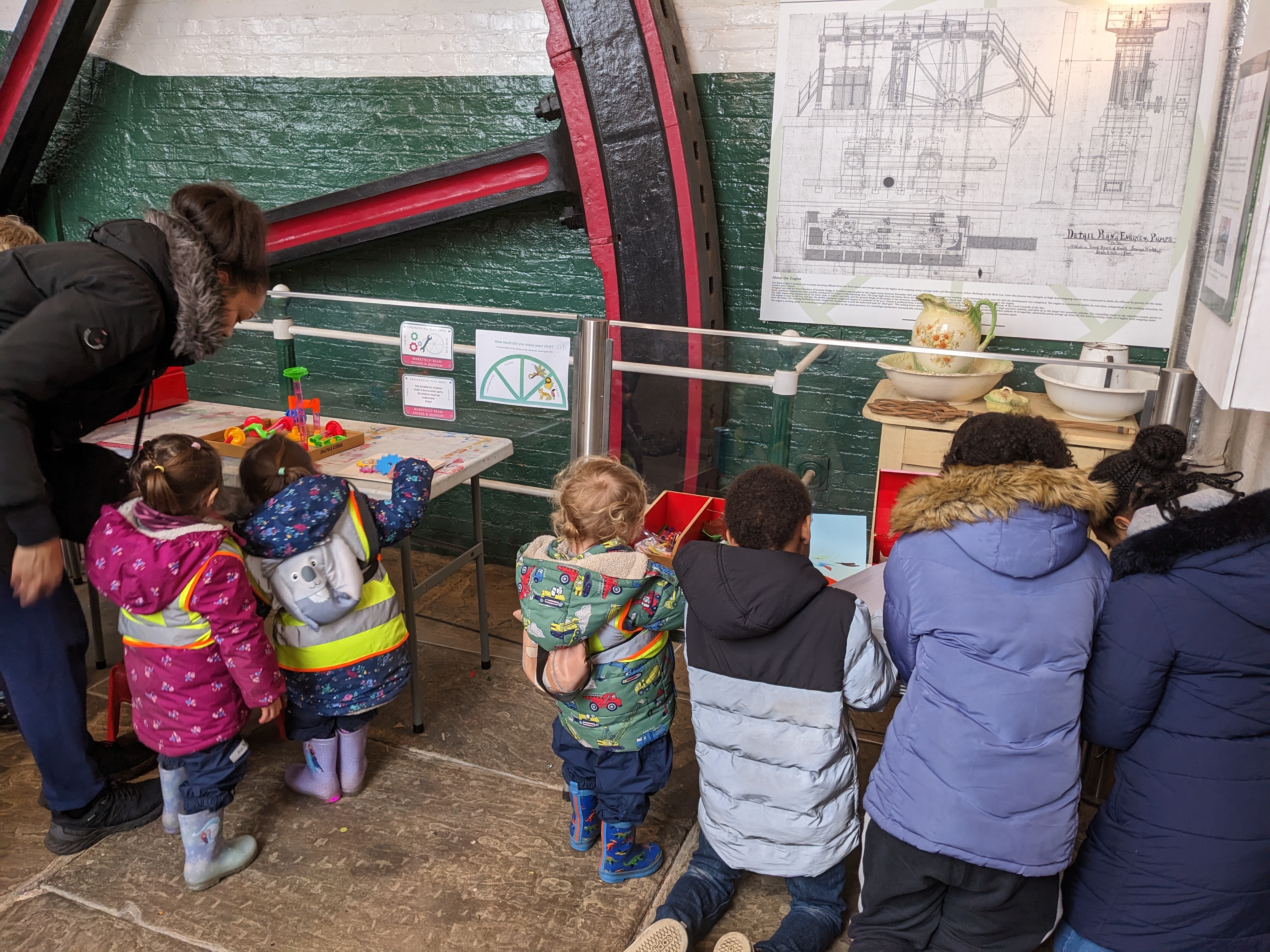 Children exploring the free engineering play area beside the beam engine